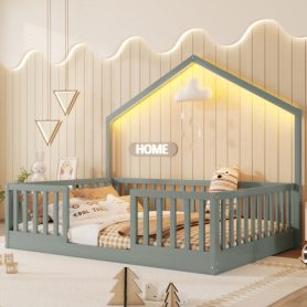 House Shape Full Floor Bed with High Rails and Light