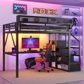 Metal Full Size Loft Bed With Desk, Charging Station, Stairs And Light