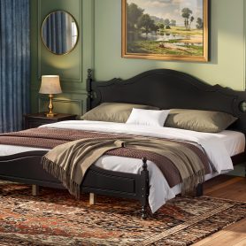 Retro Style Wooden Platform Bed with Wood Slats Support