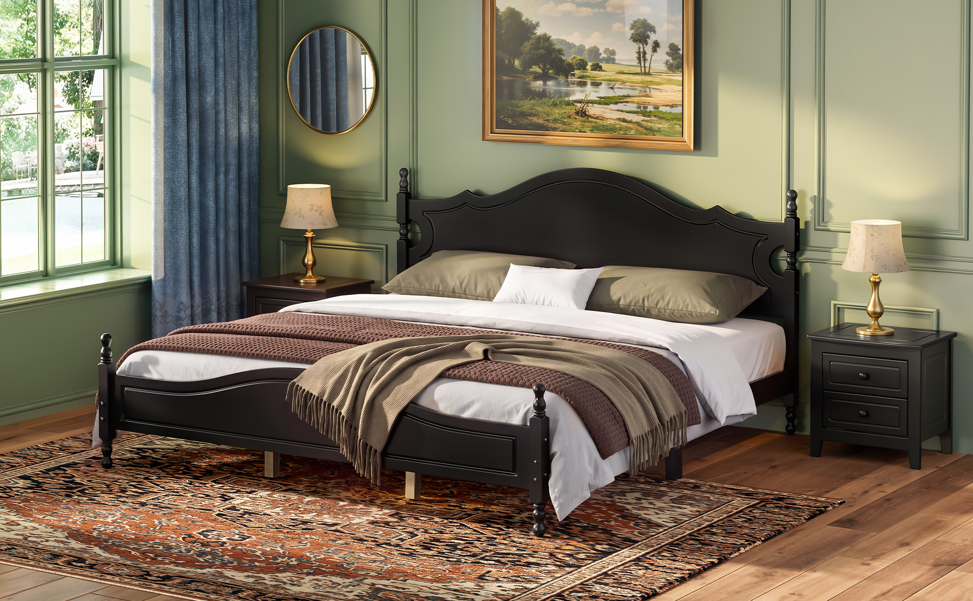 Retro Style Wooden Platform Bed with Wood Slats Support