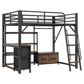Metal Full Size Loft Bed With Desk, Light, Storage Shelves, Wardrobe And Drawers