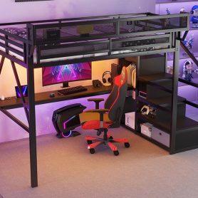 Metal Full Size Loft Bed With Desk, Charging Station, Stairs And Light