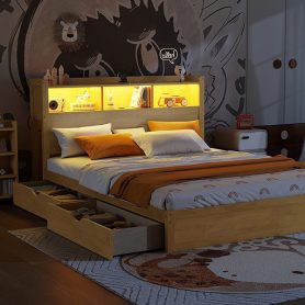 Wood Queen Bed with Drawers, Headboard And Pull Out Storage Cabinet