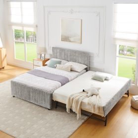 Full Size Upholstered Bed with Vertical Channel Tufted Headboard & Nailhead Trim