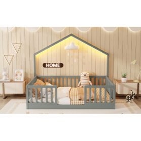 House Shape Full Floor Bed with High Rails and Light
