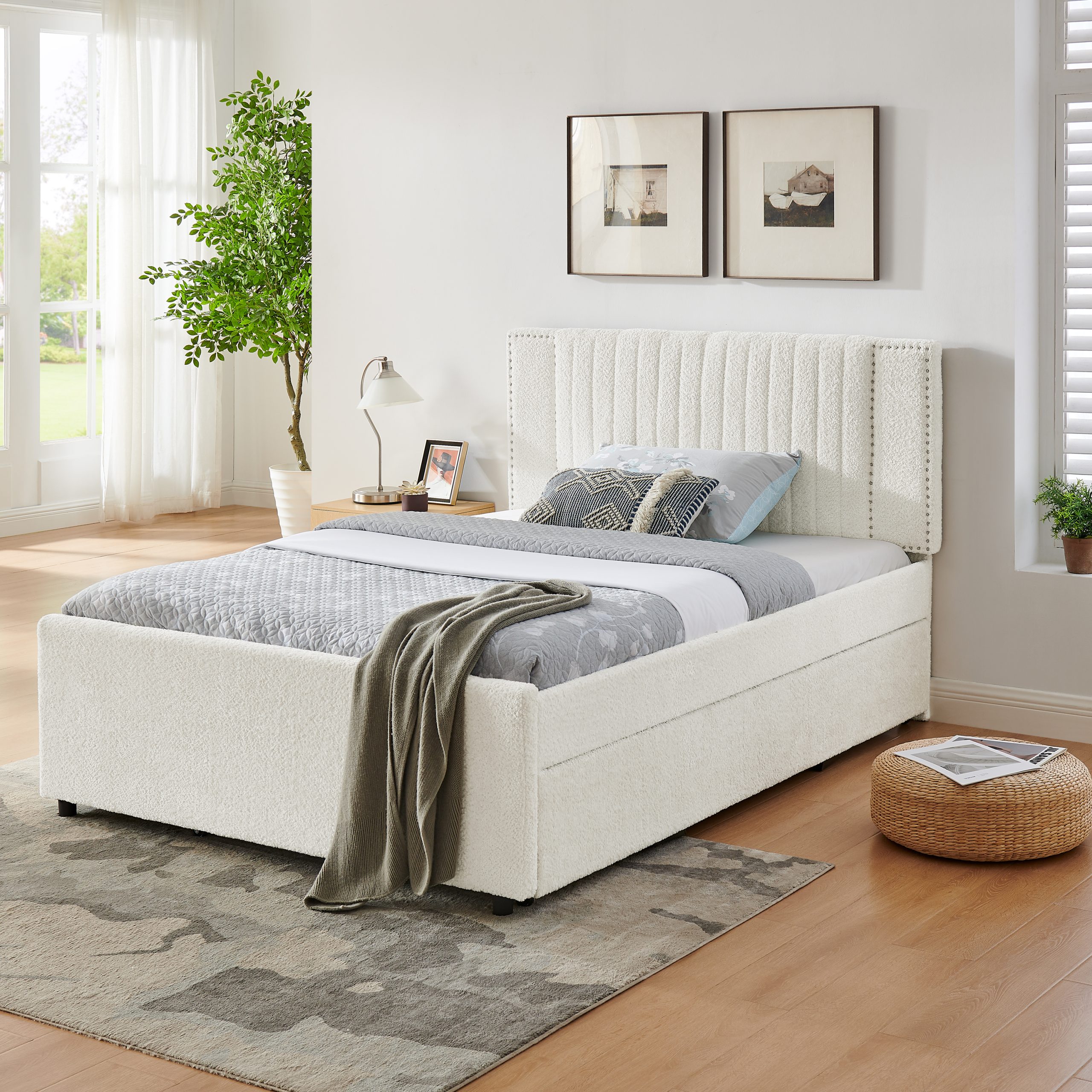 Full Size Upholstered Bed with Vertical Channel Tufted Headboard & Nailhead Trim