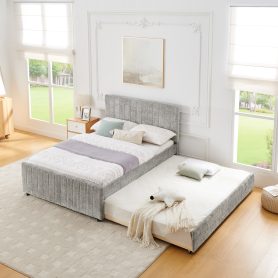 Full Size Upholstered Bed with Vertical Channel Tufted Headboard & Nailhead Trim