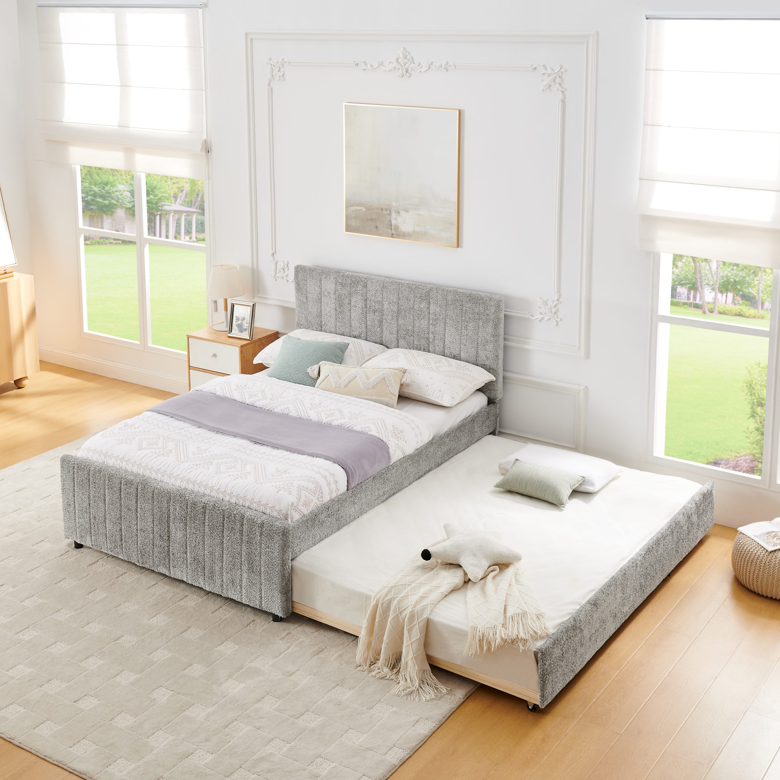 Full Size Upholstered Bed with Vertical Channel Tufted Headboard & Nailhead Trim