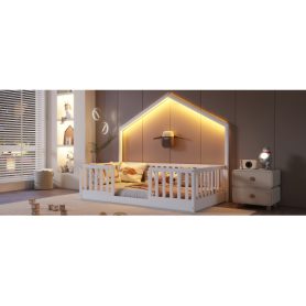 House Shape Twin Floor Bed with High Rails and Light