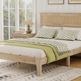 Full Size Solid Wood Bed with Rattan Headboard
