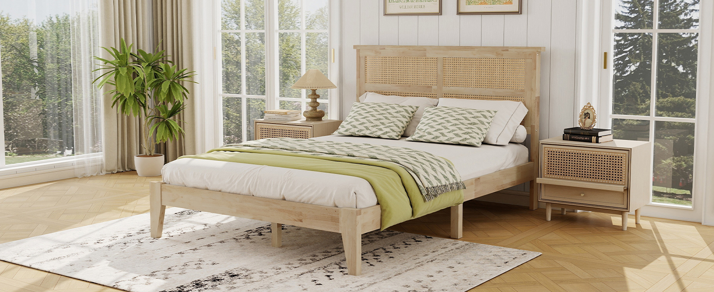Full Size Solid Wood Bed with Rattan Headboard 3 Full Size Solid Wood Bed with Rattan Headboard