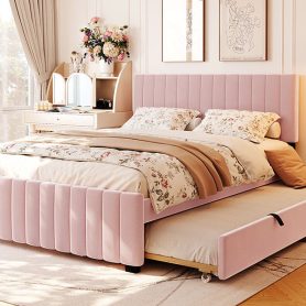 Queen Size Velvet Upholstered Platform Bed with Twin XL Size Trundle