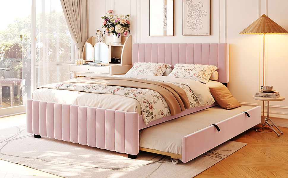 Queen Size Velvet Upholstered Platform Bed with Twin XL Size Trundle