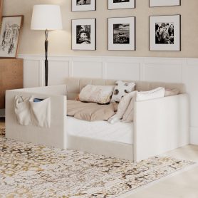 Velvet Upholstered Sofa Bed with High Side Panels and Side Entrance