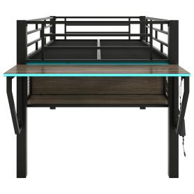Twin Gaming Mid Loft Bed With Desk and LED Light