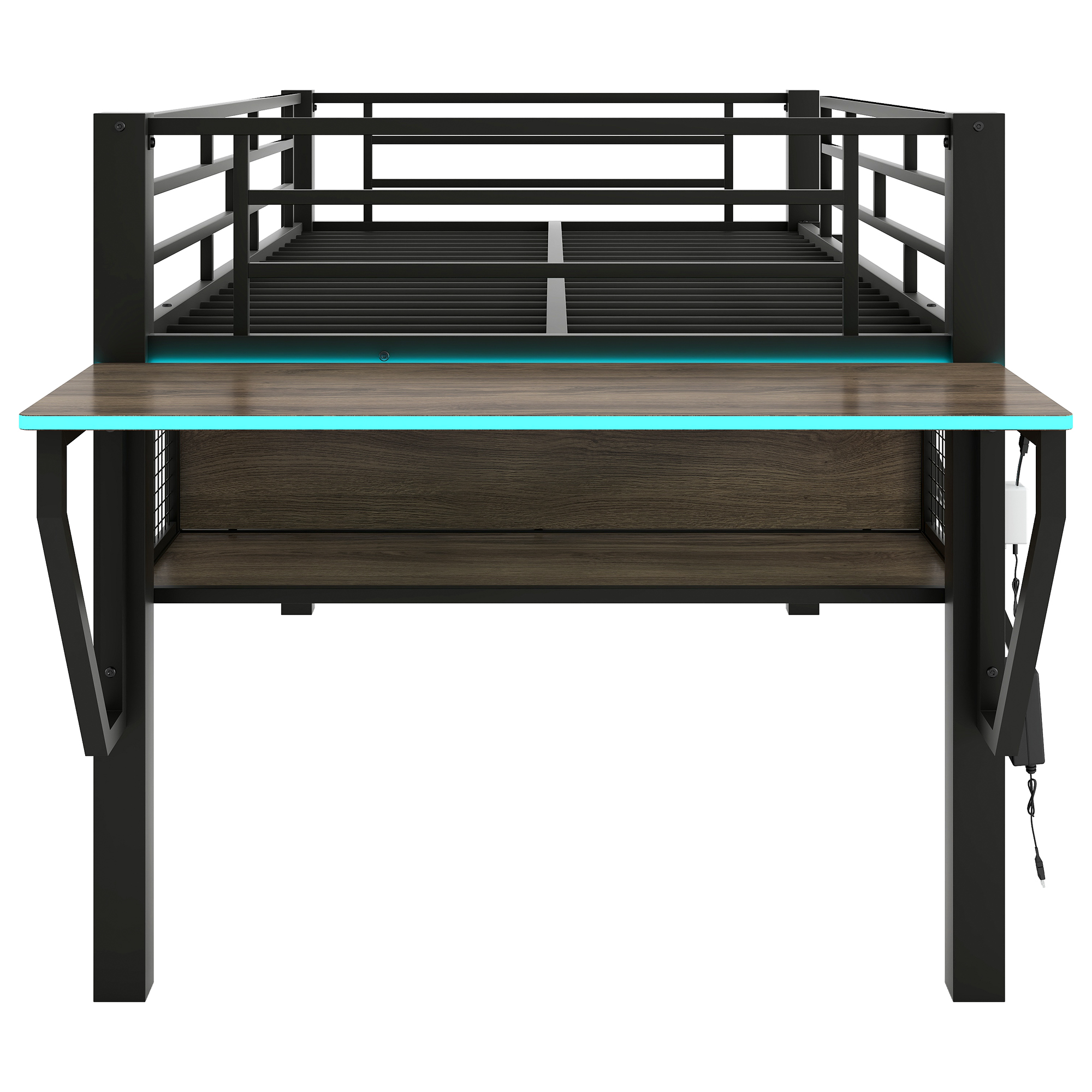 Twin Gaming Mid Loft Bed With Desk and LED Light