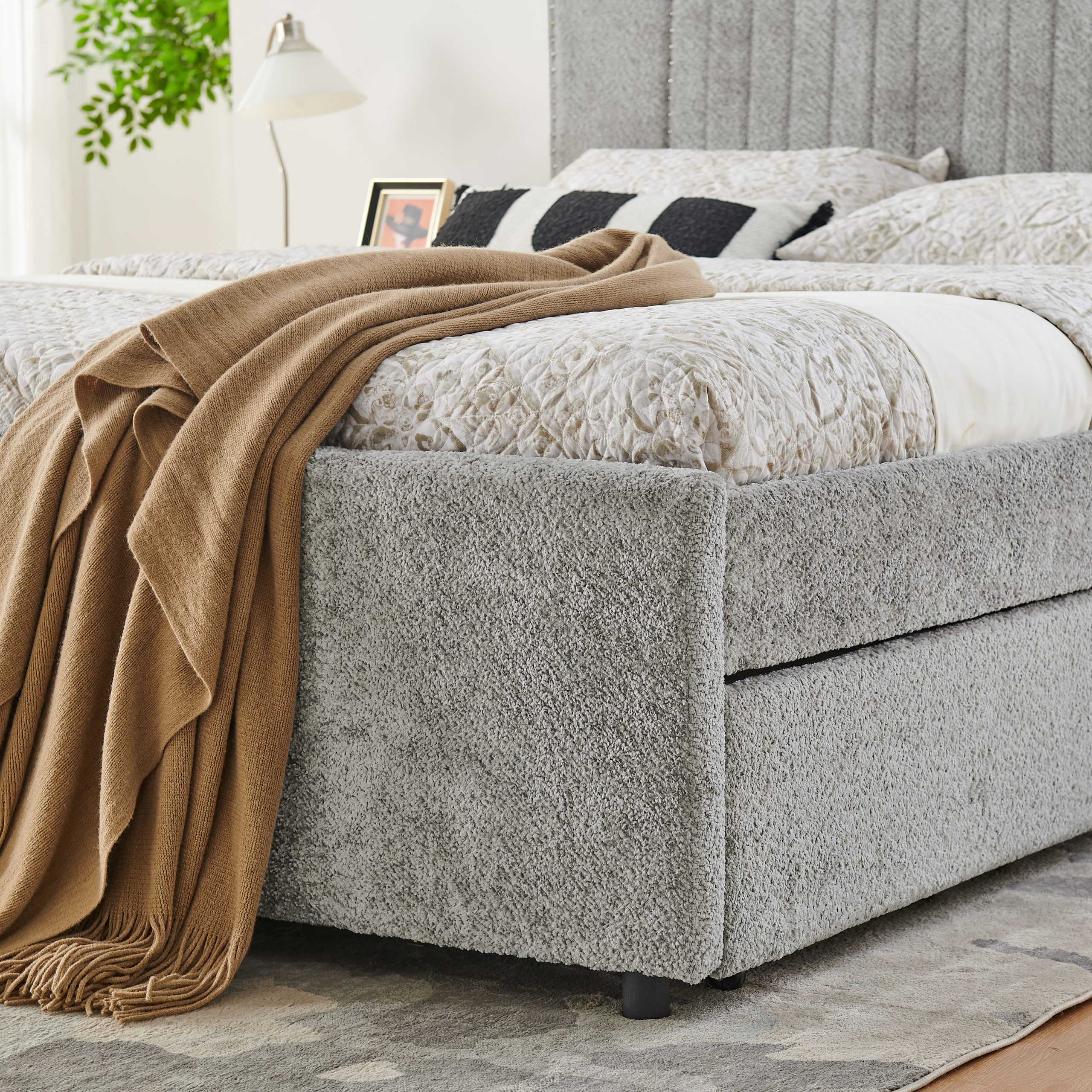 Queen Size Upholstered Bed with Vertical Channel Tufted Headboard & Nailhead Trim