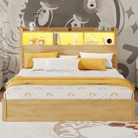 Wood Queen Bed with Drawers, Headboard And Pull Out Storage Cabinet