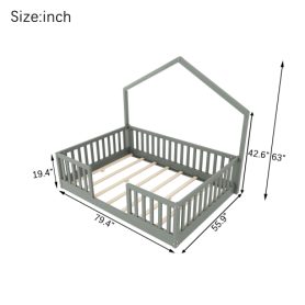 House Shape Full Floor Bed with High Rails and Light