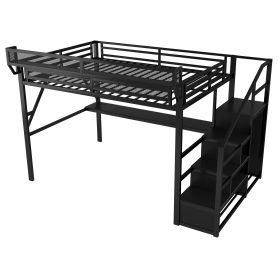 Metal Full Size Loft Bed With Desk, Charging Station, Stairs And Light