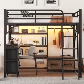 Metal Full Size Loft Bed With Desk, Light, Storage Shelves, Wardrobe And Drawers