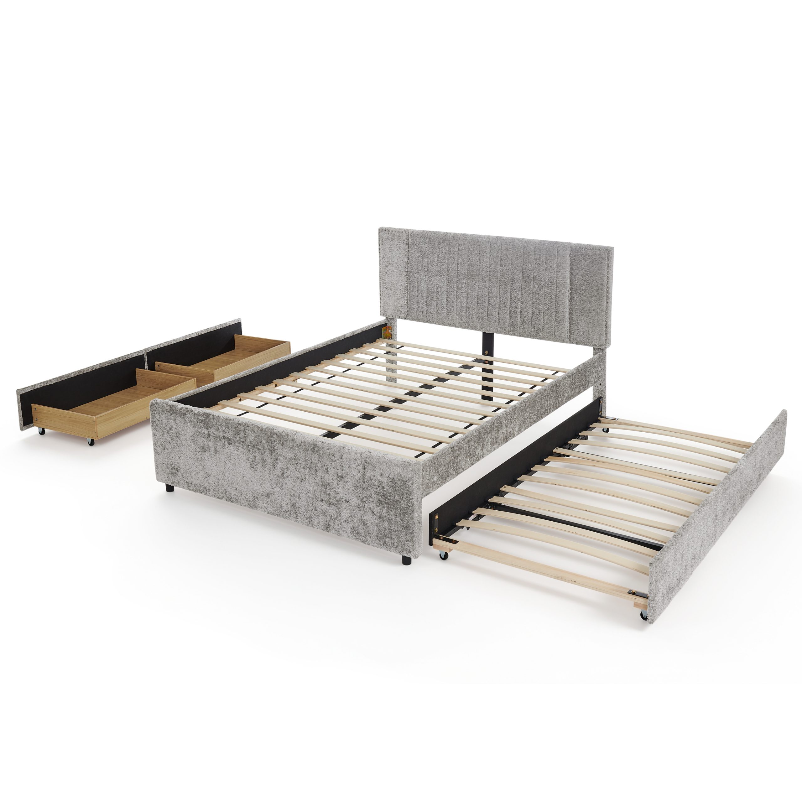 Queen Size Upholstered Bed with Vertical Channel Tufted Headboard & Nailhead Trim