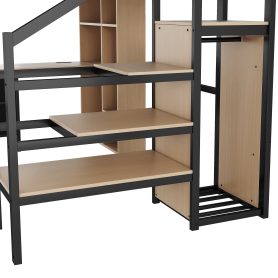 Full Size Loft Bed With Desk, Charging Station, 7 Open Storage Spaces And LED Lighting