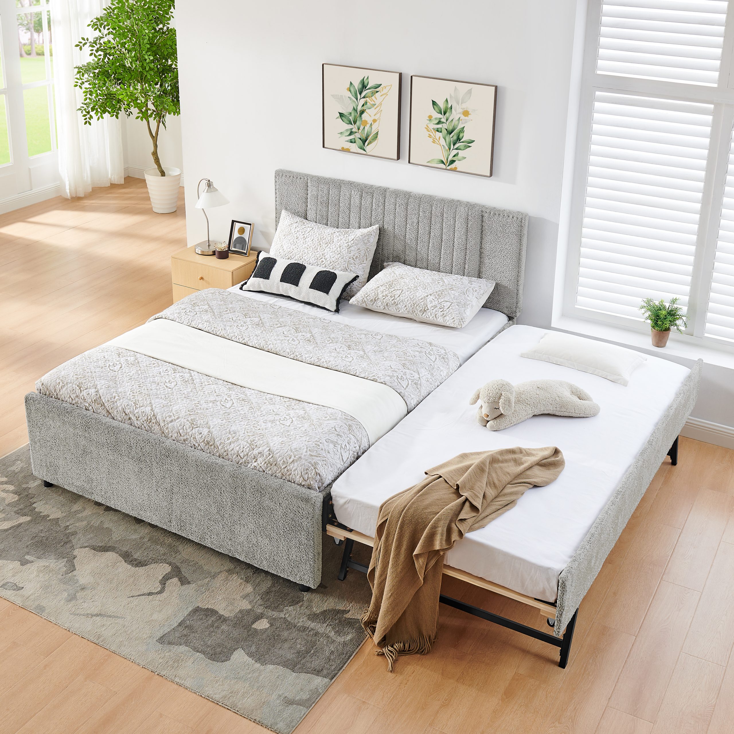 Queen Size Upholstered Bed with Vertical Channel Tufted Headboard & Nailhead Trim