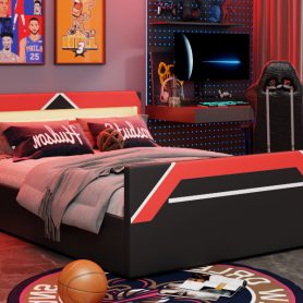 Queen Size Gaming Bed with Built-in 7-Color LED Lighting Headboard