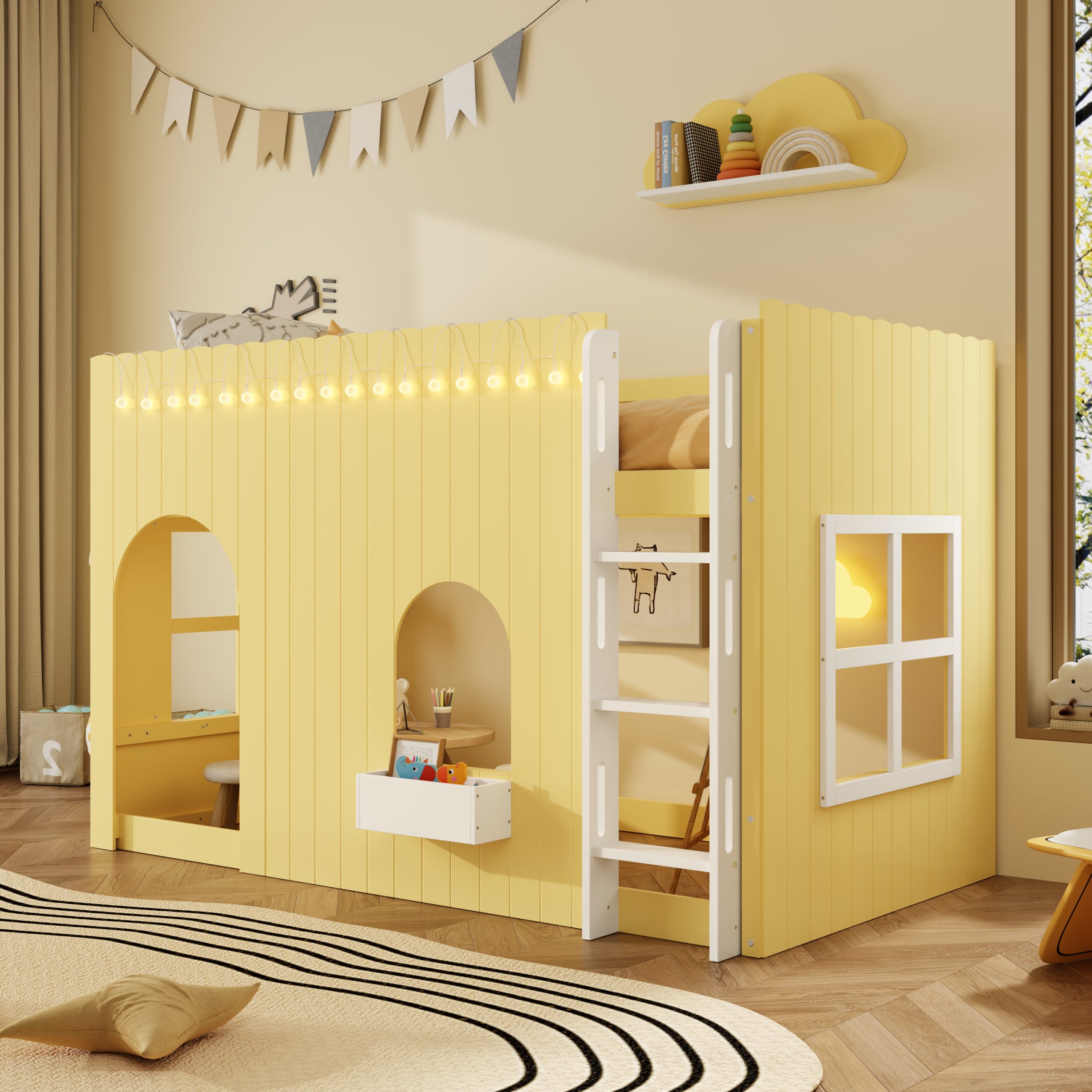 Twin Size Kids Loft Bed With Warm Led Light String 3 Twin Size Kids Loft Bed With Warm Led Light String