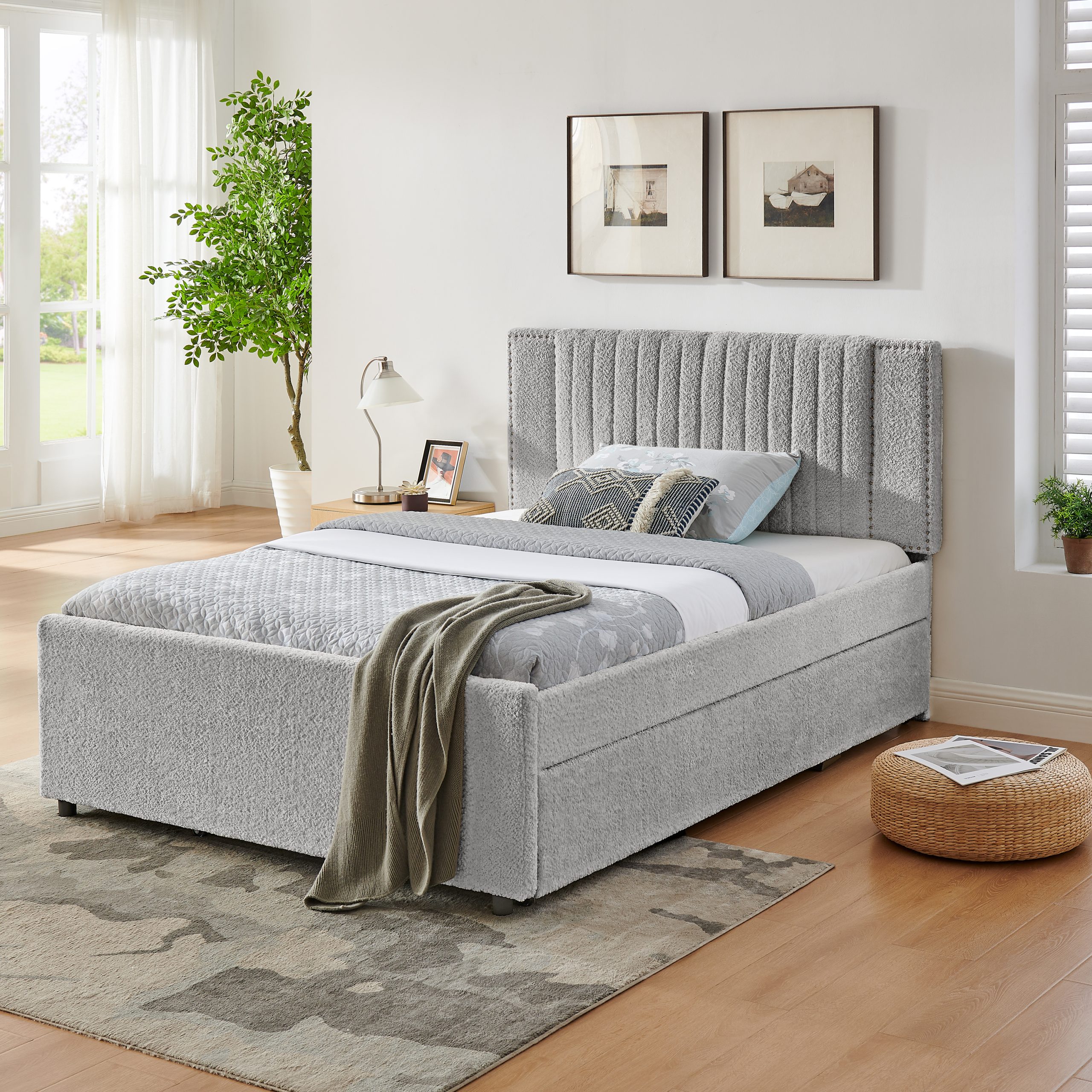 Full Size Upholstered Bed with Vertical Channel Tufted Headboard & Nailhead Trim