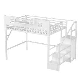 Metal Queen Loft Bed With High And House Shaped Guardrails, Stairs and Wardrobe