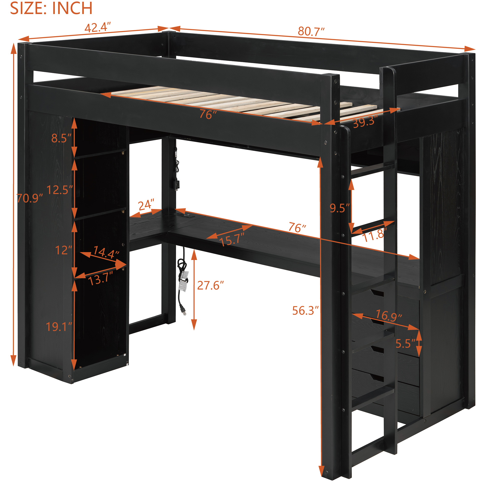Twin Size Solid Wood Loft Bed with L-Shaped Desk and 4 Drawers