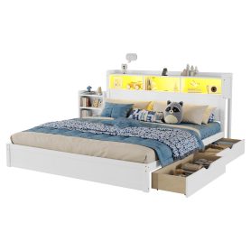 Wood King Bed with Drawers, Headboard And Pull Out Storage Cabinet