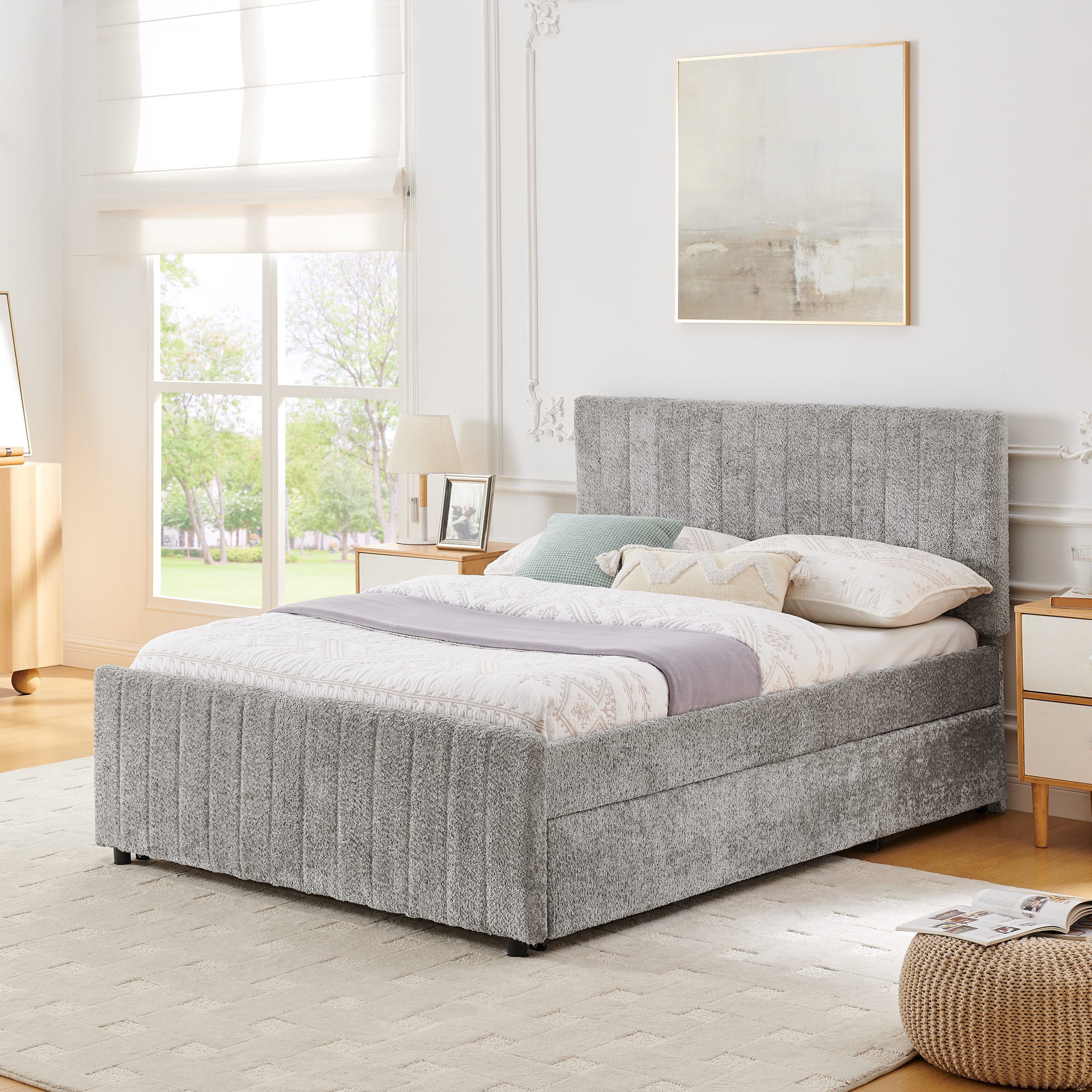 Full Size Upholstered Bed with Vertical Channel Tufted Headboard & Nailhead Trim