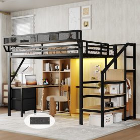 Full Size Loft Bed With Desk, Charging Station, 7 Open Storage Spaces And LED Lighting