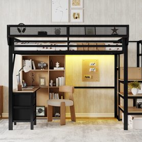 Full Size Loft Bed With Desk, Charging Station, 7 Open Storage Spaces And LED Lighting