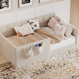 Velvet Upholstered Sofa Bed with High Side Panels and Side Entrance