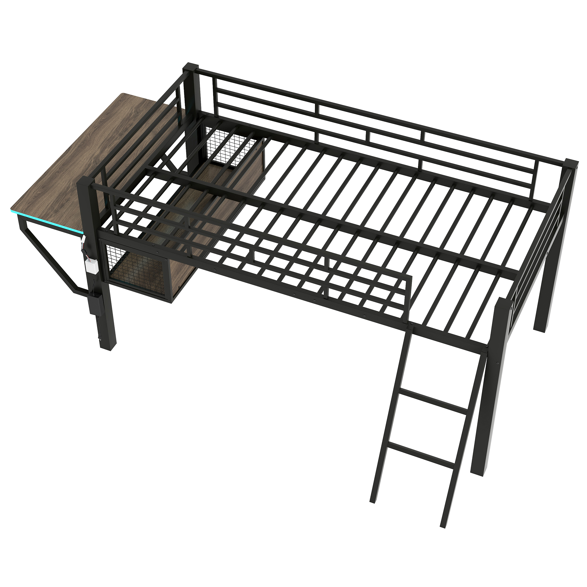 Twin Gaming Mid Loft Bed With Desk and LED Light