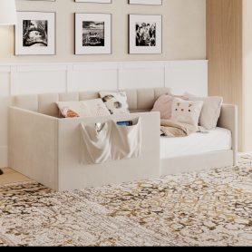 Velvet Upholstered Sofa Bed with High Side Panels and Side Entrance