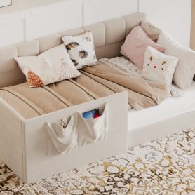 Velvet Upholstered Sofa Bed with High Side Panels and Side Entrance
