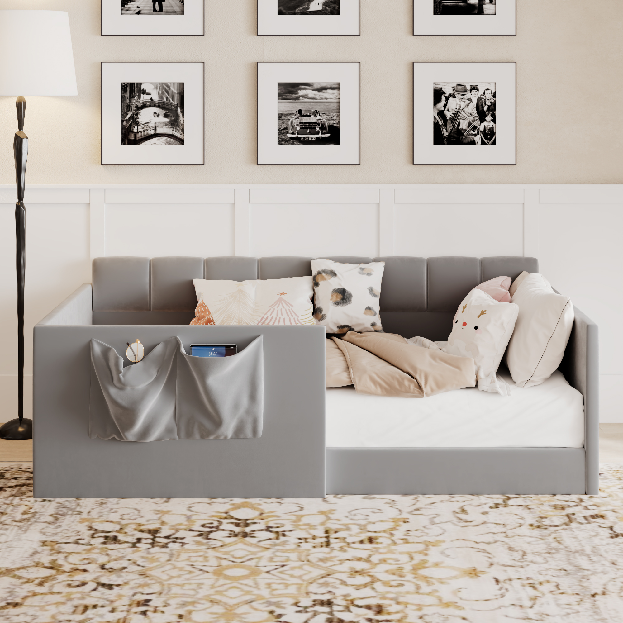 Velvet Upholstered Sofa Bed with High Side Panels and Side Entrance