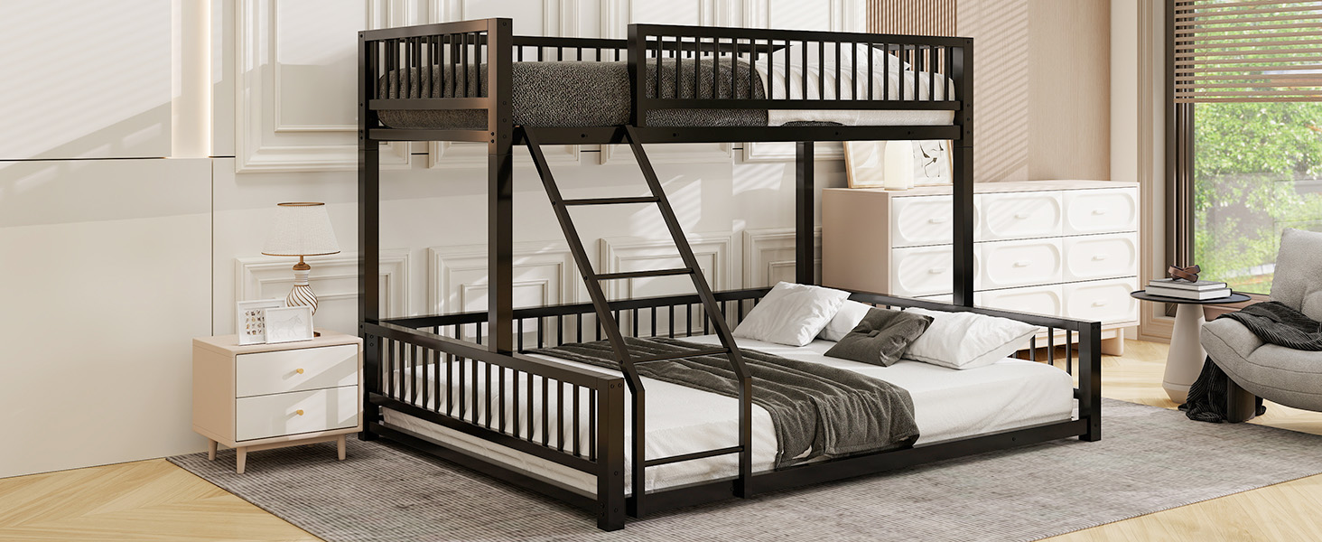 Twin XL over Queen Floor Bunk Bed with Ladder and Safety Guardrails