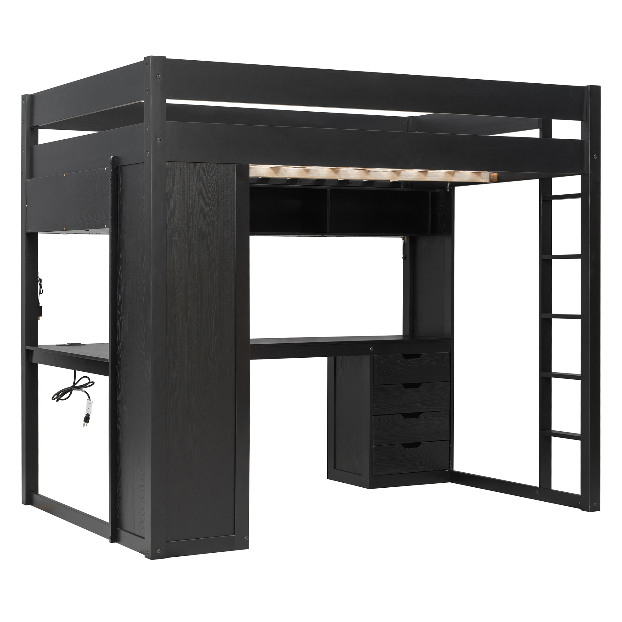 Full Size Solid Wood Loft Bed with L-Shaped Desk and 4 Drawers