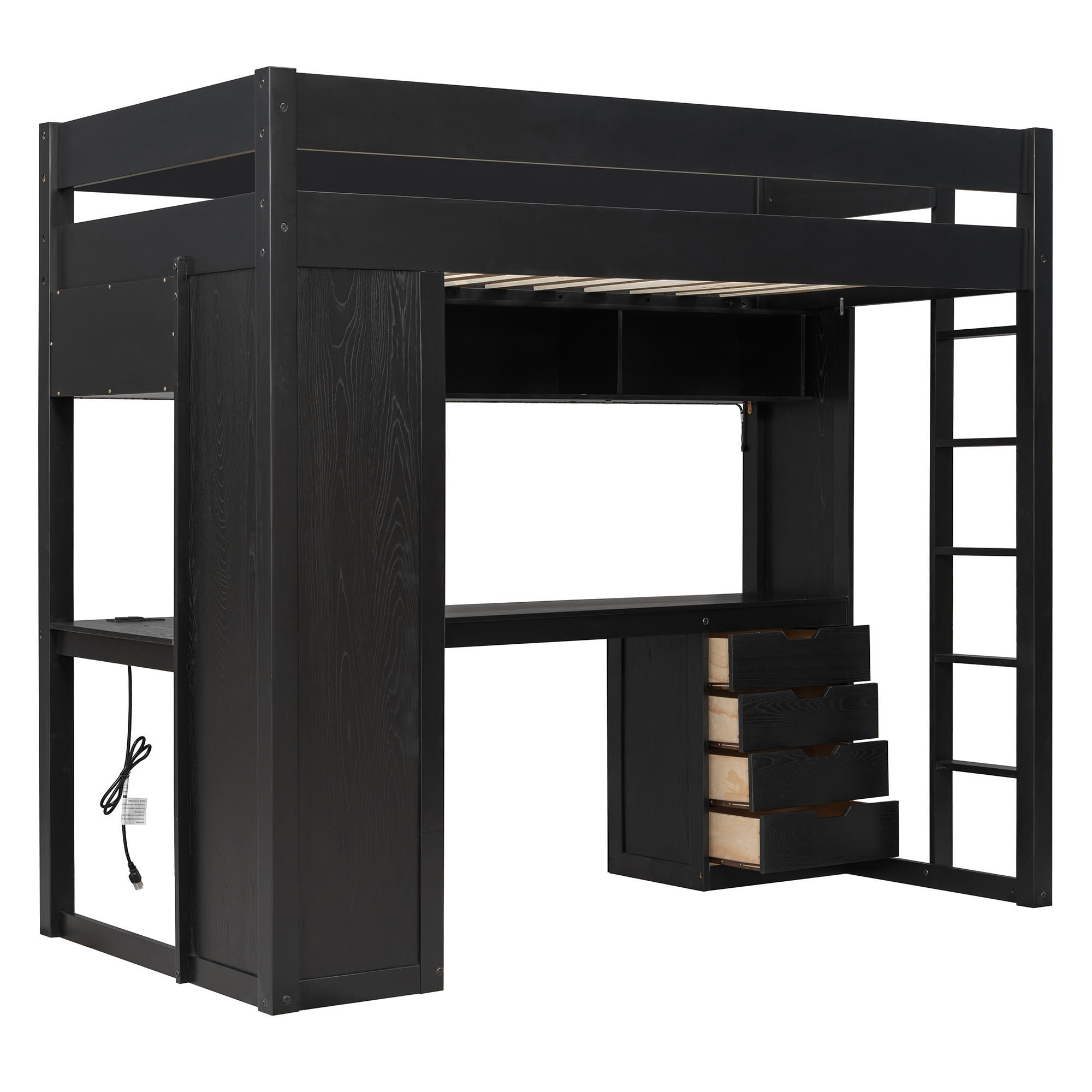Twin Size Solid Wood Loft Bed with L-Shaped Desk and 4 Drawers