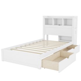 Wood Twin Bed with Drawers, Headboard And Pull Out Storage Cabinet