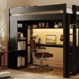 Twin Size Solid Wood Loft Bed with L-Shaped Desk and 4 Drawers