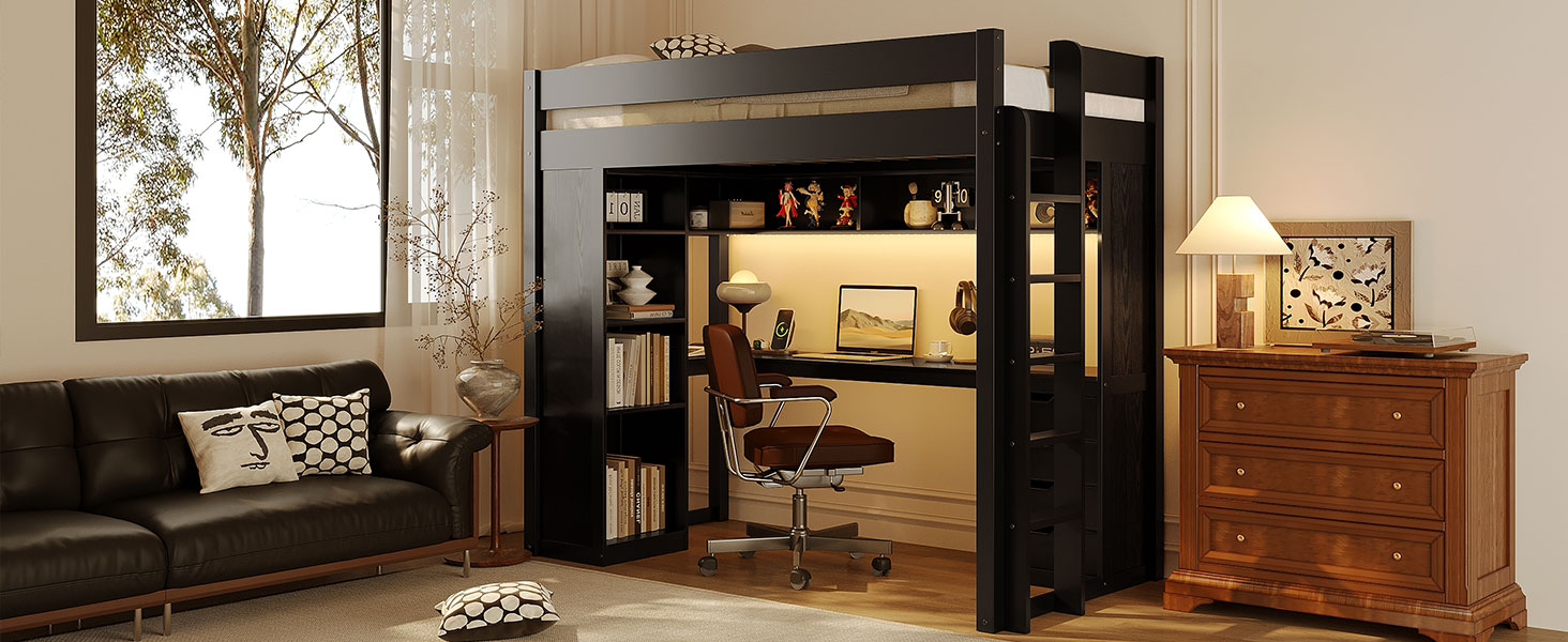 Twin Size Solid Wood Loft Bed with L-Shaped Desk and 4 Drawers