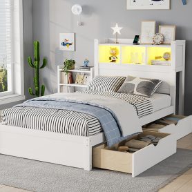 Wood Twin Bed with Drawers, Headboard And Pull Out Storage Cabinet