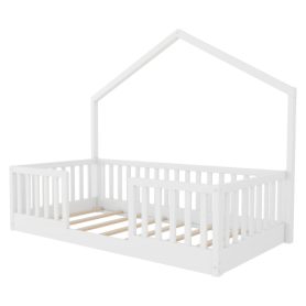 House Shape Twin Floor Bed with High Rails and Light